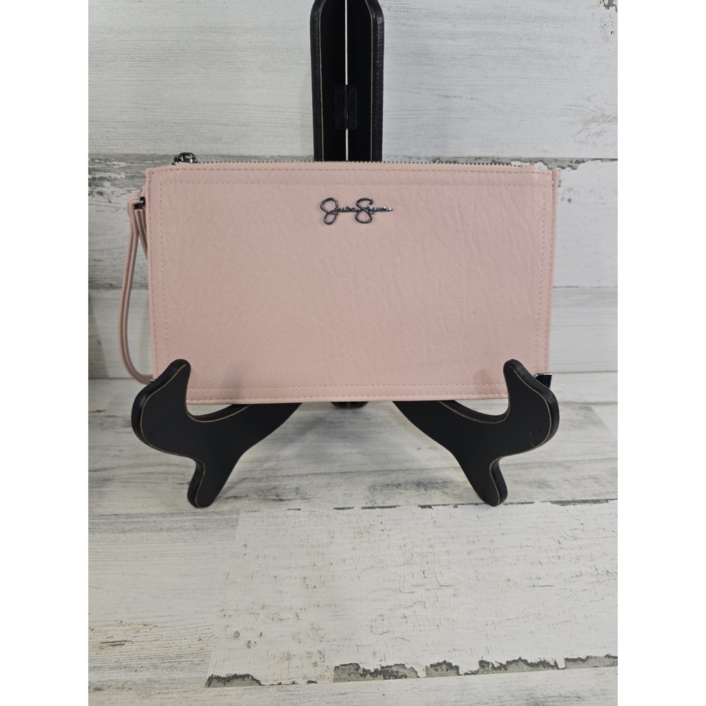 Jessica‎ Simpson Blush Pink Faux Leather Wristlet Clutch Leopard Lining 9.5in